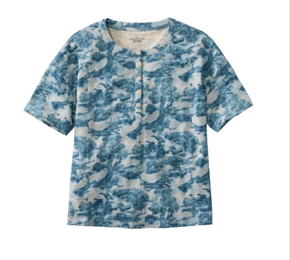 L.L. Bean Signature Slub Henley Short Sleeve Novelty Tee Iron Blue Scenic XS NEW